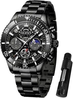 Men's All Black Stainless Steel Waterproof Business Date Dress Wrist Watches